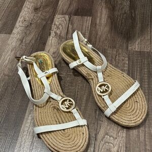 Michael Kors White Tan Sandals with Gold Accents